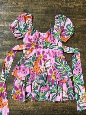 Floral Pink Puff-Sleeve Mini Dress with Tie Waist